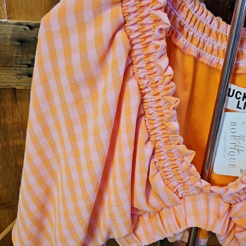 292 BUCKETLIST Peach Striped Ruffle-Trim Cropped Top - Picture 2 of 7